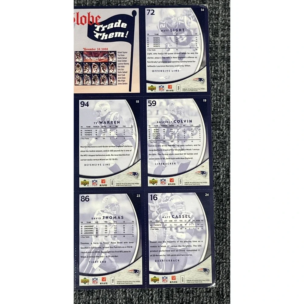 2006 Upper Deck‎ Boston Globe New England Patriots Nov 19 Uncut Card Sheet 13-24